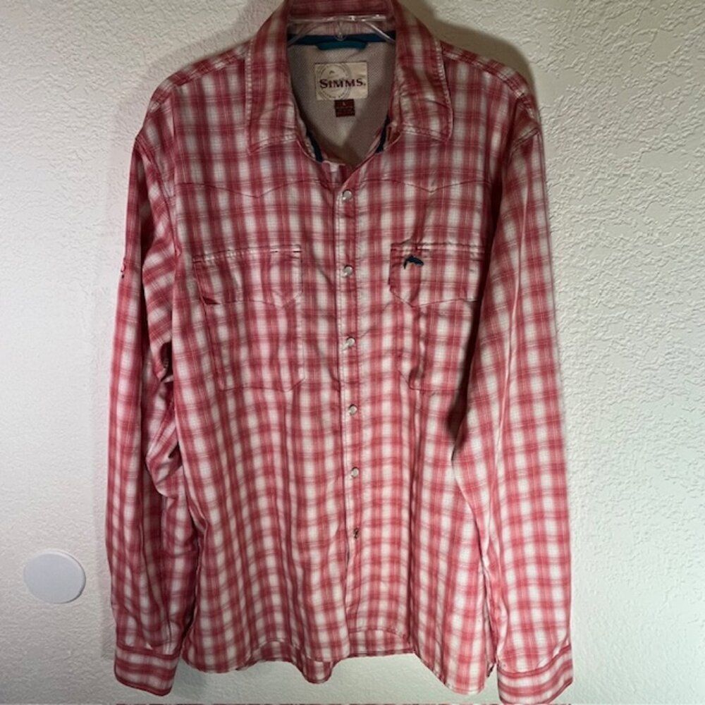 Simms Red Plaid Fishing Shirt w/ Red's Fly Shop Embroidery on Sleeve- Size L